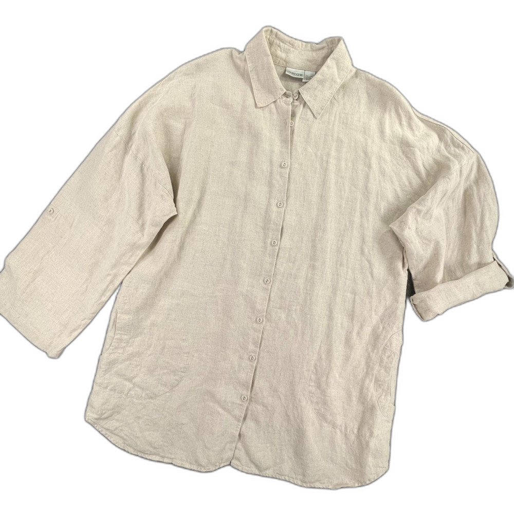 Chico's 100% Linen Tunic Shirt 3 XL Beige Roll Tab Sleeve Pocket Lagenlook Artsy